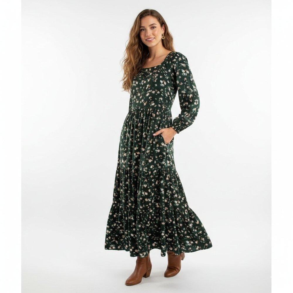 Old Navy Dark Green Floral Tiered Maxi Dress Size M Long Sleeve Boho Prairie - Picture 13 of 13